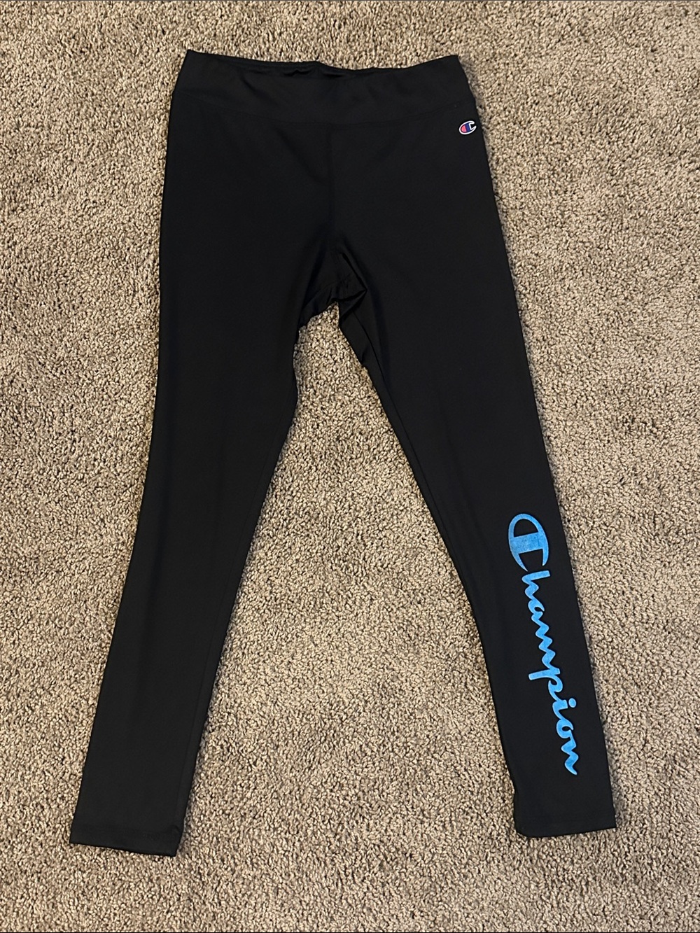 Champion Black Leggings with Blue Script Logo on Leg